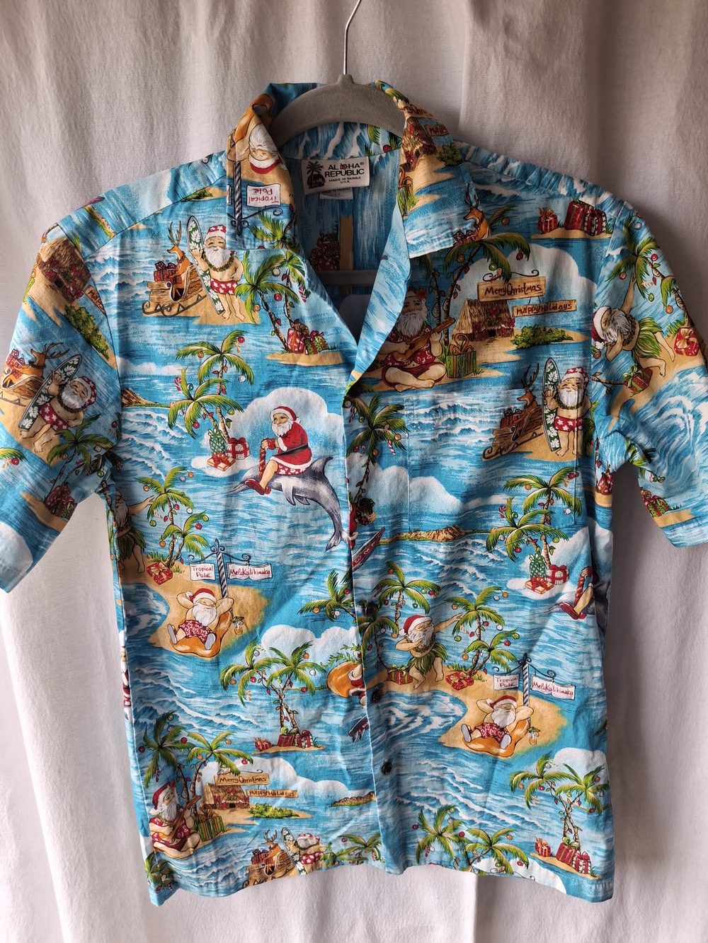 Aloha Republic Men's Blue Tropical Santa Hawaiian Shirt